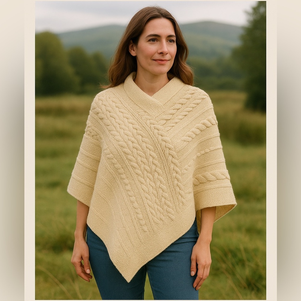 Aran Crafts 100% Merino Wool handmade Elegant Cream Cable Knit Sweater Poncho